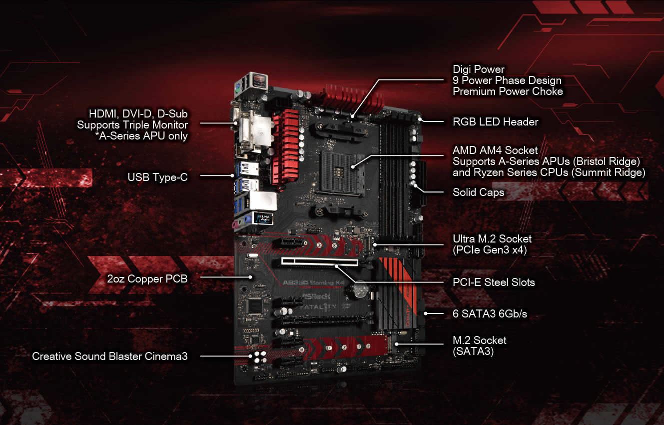 Asrock Fatal1ty AB350 Gaming K4 AMD AM4 ATX Motherboard *BIOS Flashed